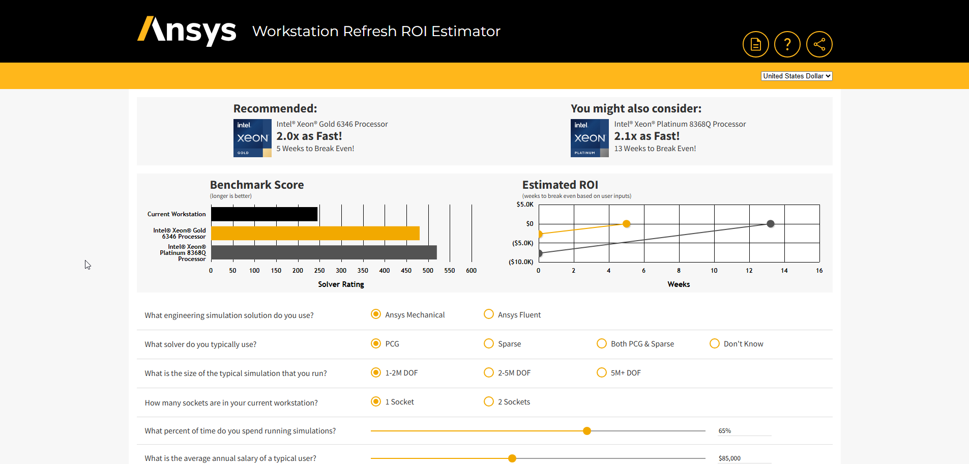 Screenshot of the Ansys Workstation Refresh ROI Estimator