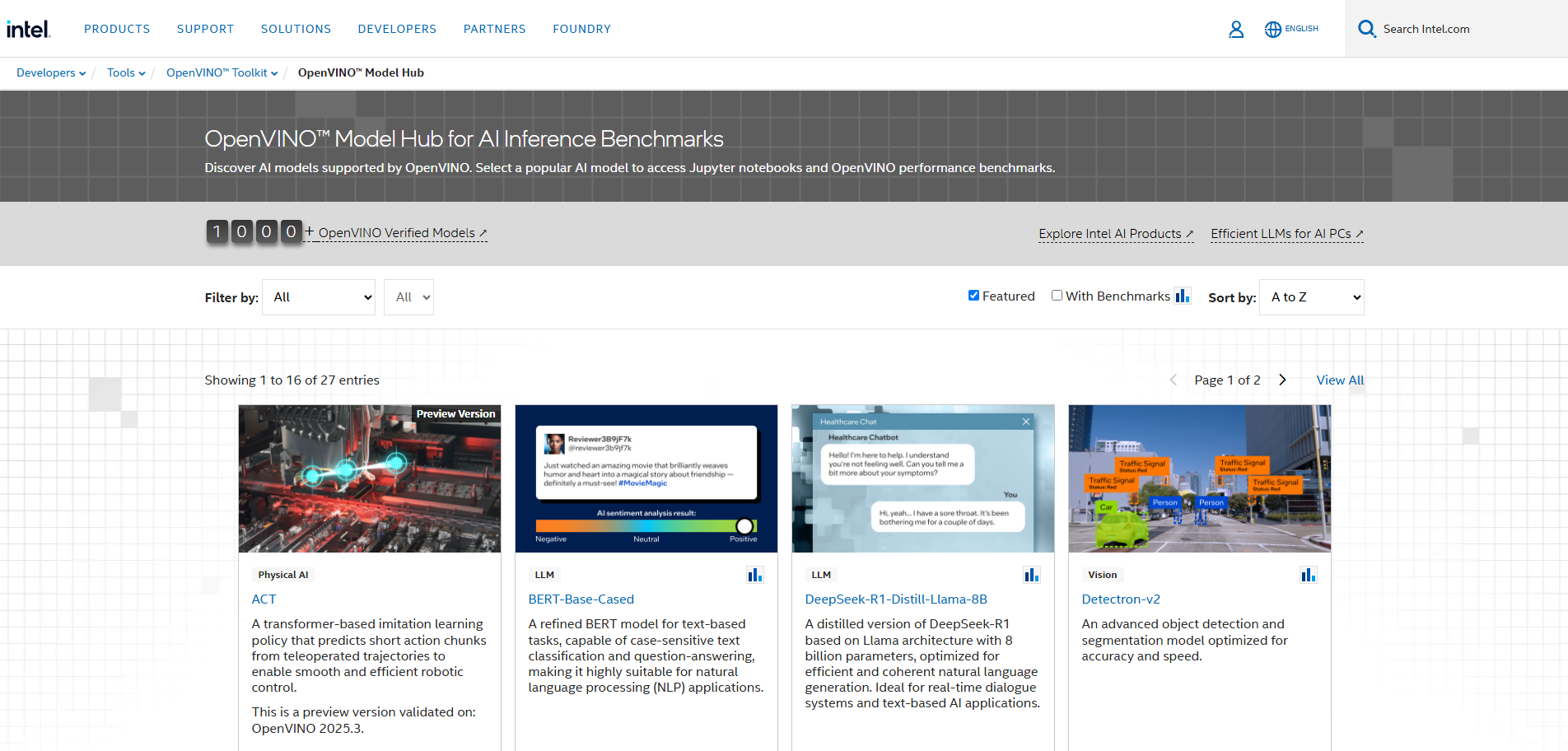 Screenshot of the Intel OpenVINO Model Hub benchmark explorer