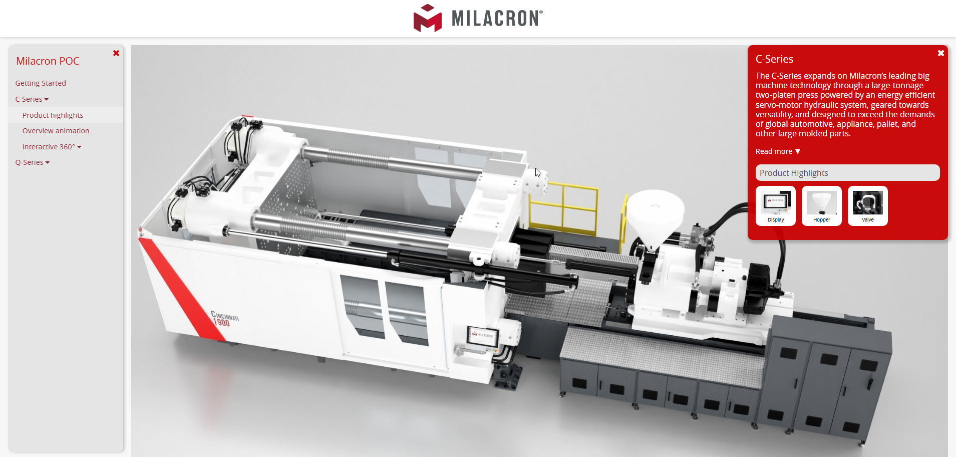 Screenshot of the Milacron interactive product sample